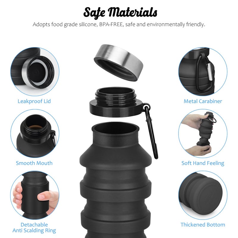 Nefeeko Collapsible Water Bottle, 18floz Reuseable BPA Free Silicone Foldable Bottles for Travel Gym Camping Hiking, Portable Leak Proof Sports Water Bottle with Carabiner - Image 3